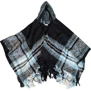 Black and Blue Plaid Hooded Poncho